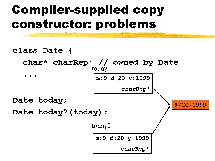 Compiler-supplied copy constructor: problems class Date { char* char. Rep; // owned by Date