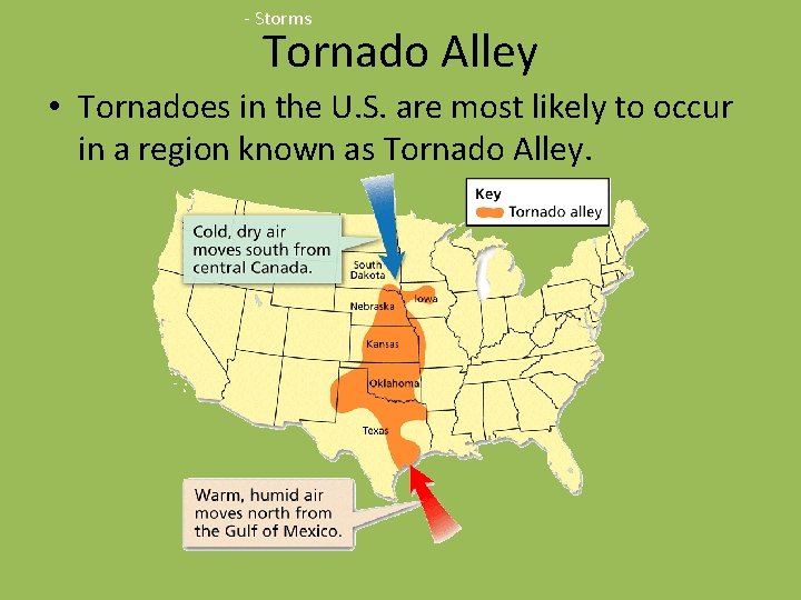 - Storms Tornado Alley • Tornadoes in the U. S. are most likely to