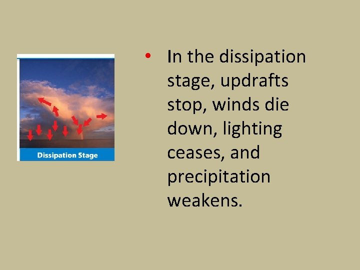  • In the dissipation stage, updrafts stop, winds die down, lighting ceases, and