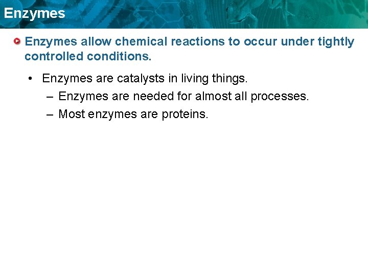 Enzymes allow chemical reactions to occur under tightly controlled conditions. • Enzymes are catalysts