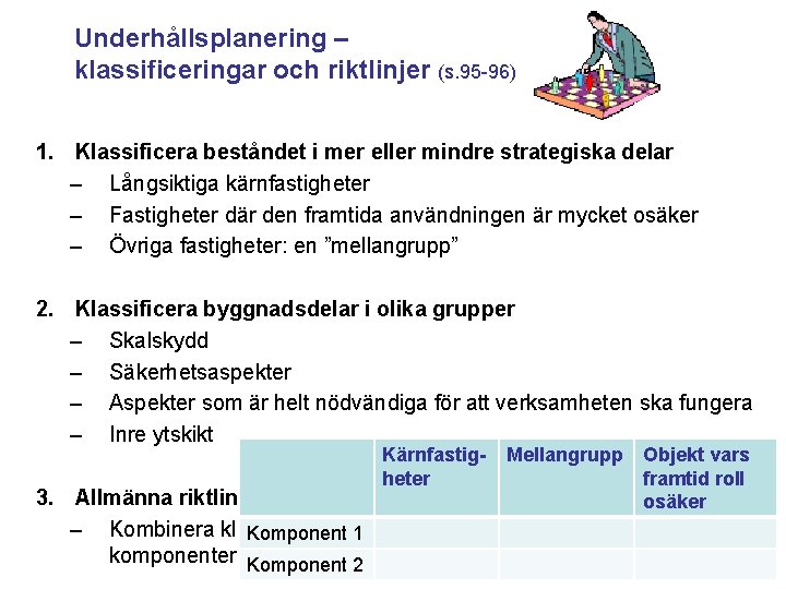 Underhållsplanering – klassificeringar och riktlinjer (s. 95 -96) 1. Klassificera beståndet i mer eller