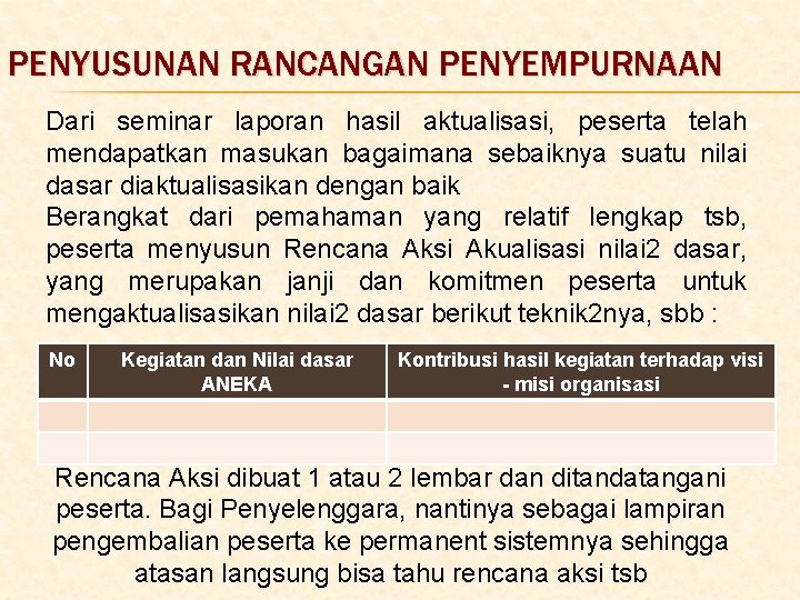 PENYUSUNAN RANCANGAN PENYEMPURNAAN Dari seminar laporan hasil aktualisasi, peserta telah mendapatkan masukan bagaimana sebaiknya