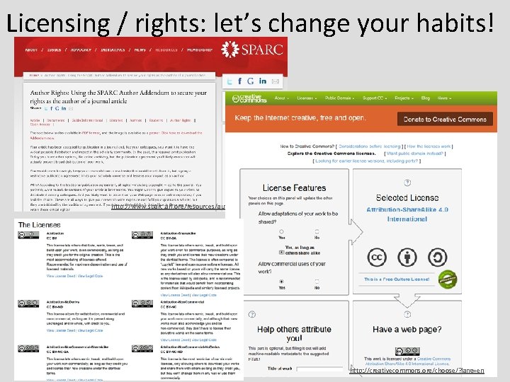 Licensing / rights: let’s change your habits! http: //www. sparc. arl. org/resources/authors/addendum http: //creativecommons.