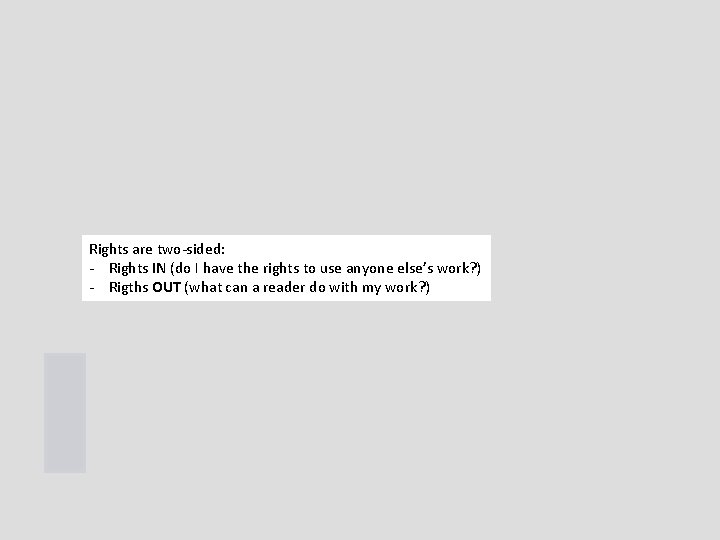 Rights are two-sided: - Rights IN (do I have the rights to use anyone Rights are two-sided: - Rights IN (do I have the rights to use anyone