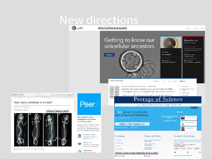 New directions http: //elifesciences. org/ https: //peerj. com/ https: //www. peerageofscience. org/ 