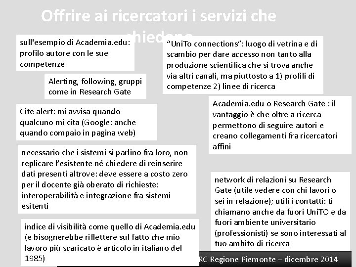 Offrire ai ricercatori i servizi che chiedono sull'esempio di Academia. edu: “Uni. To connections”: