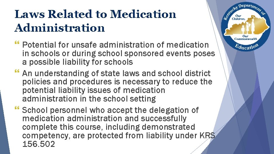 Laws Related to Medication Administration } Potential for unsafe administration of medication in schools Laws Related to Medication Administration } Potential for unsafe administration of medication in schools