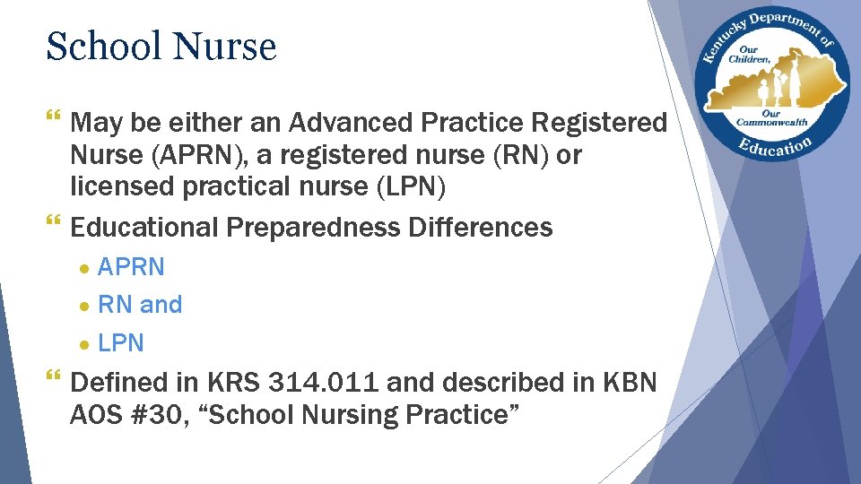 School Nurse } May be either an Advanced Practice Registered Nurse (APRN), a registered School Nurse } May be either an Advanced Practice Registered Nurse (APRN), a registered