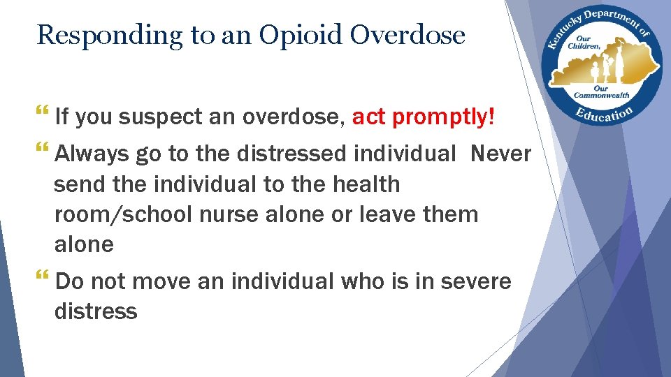 Responding to an Opioid Overdose } If you suspect an overdose, act promptly! } Responding to an Opioid Overdose } If you suspect an overdose, act promptly! }