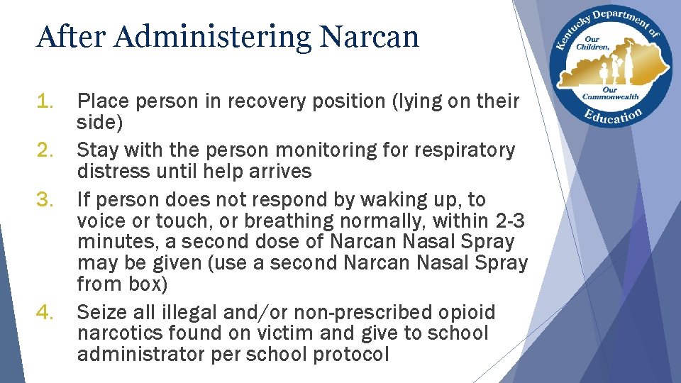 After Administering Narcan 1. 2. 3. 4. Place person in recovery position (lying on After Administering Narcan 1. 2. 3. 4. Place person in recovery position (lying on