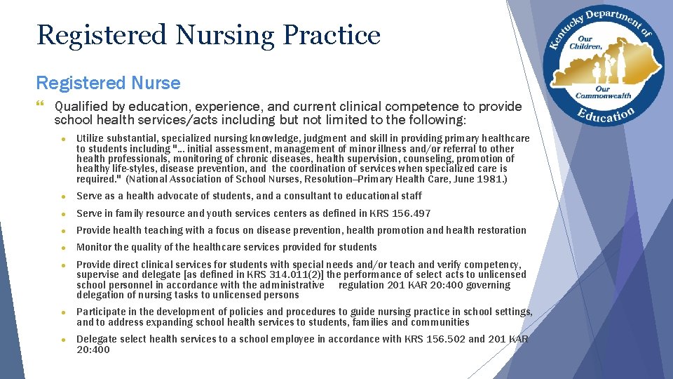 Registered Nursing Practice Registered Nurse } Qualified by education, experience, and current clinical competence Registered Nursing Practice Registered Nurse } Qualified by education, experience, and current clinical competence