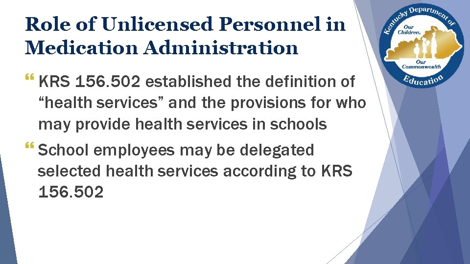Role of Unlicensed Personnel in Medication Administration } KRS 156. 502 established the definition Role of Unlicensed Personnel in Medication Administration } KRS 156. 502 established the definition