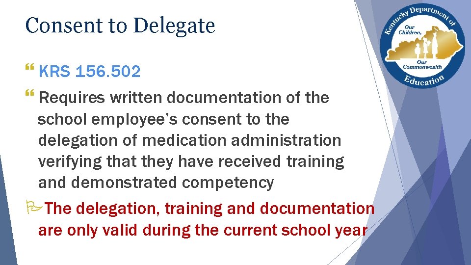 Consent to Delegate } KRS 156. 502 } Requires written documentation of the school Consent to Delegate } KRS 156. 502 } Requires written documentation of the school