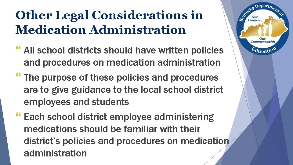 Other Legal Considerations in Medication Administration } All school districts should have written policies Other Legal Considerations in Medication Administration } All school districts should have written policies