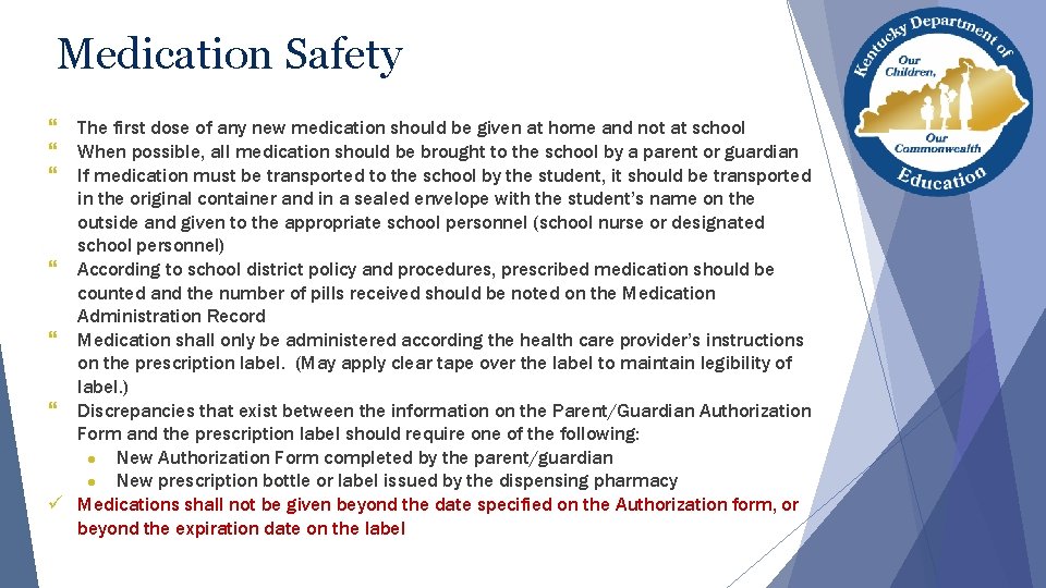 Medication Safety } The first dose of any new medication should be given at Medication Safety } The first dose of any new medication should be given at
