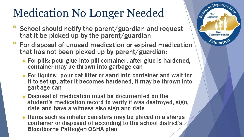 Medication No Longer Needed } School should notify the parent/guardian and request that it Medication No Longer Needed } School should notify the parent/guardian and request that it