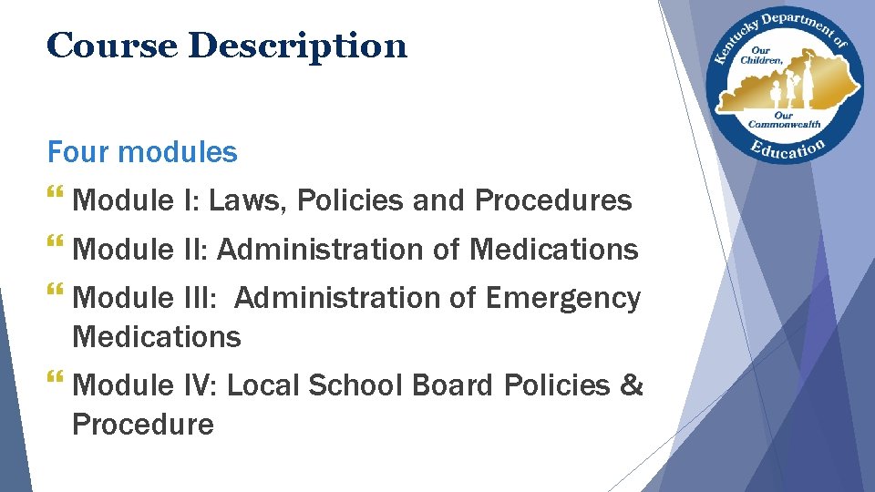 Course Description Four modules } Module I: Laws, Policies and Procedures } Module II: Course Description Four modules } Module I: Laws, Policies and Procedures } Module II: