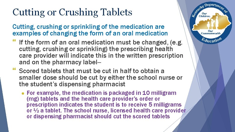 Cutting or Crushing Tablets Cutting, crushing or sprinkling of the medication are examples of Cutting or Crushing Tablets Cutting, crushing or sprinkling of the medication are examples of