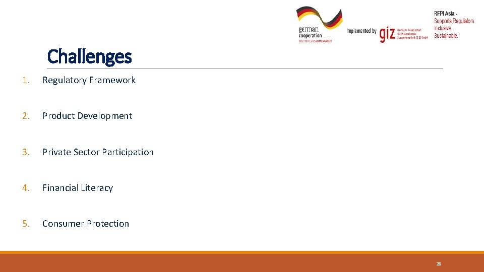 Challenges 1. Regulatory Framework 2. Product Development 3. Private Sector Participation 4. Financial Literacy