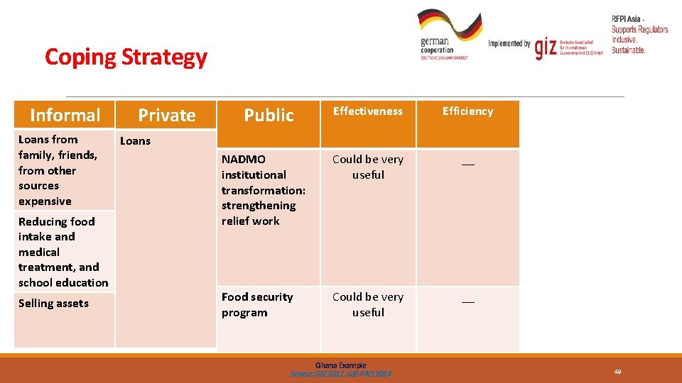 Coping Strategy Informal Effectiveness Private Loans from family, friends, from other sources expensive Important