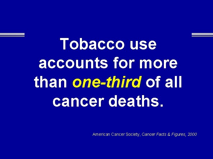 Tobacco use accounts for more than one-third of all cancer deaths. American Cancer Society,