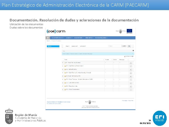 Plan Estratégico de Administración Electrónica de la CARM (PAECARM) Documentación. Resolución de dudas y