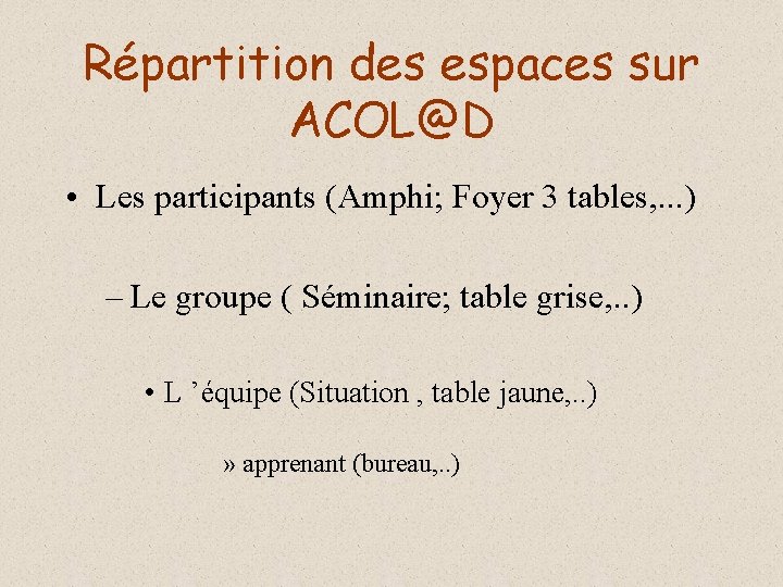 Répartition des espaces sur ACOL@D • Les participants (Amphi; Foyer 3 tables, . .