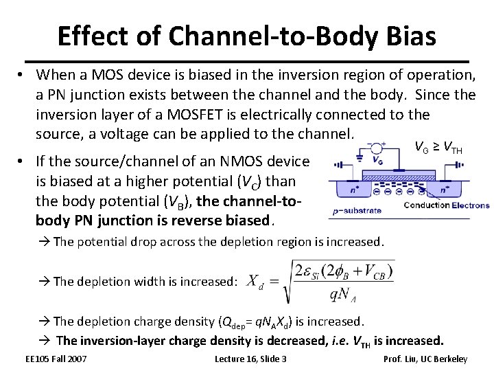 Effect of Channel-to-Body Bias • When a MOS device is biased in the inversion