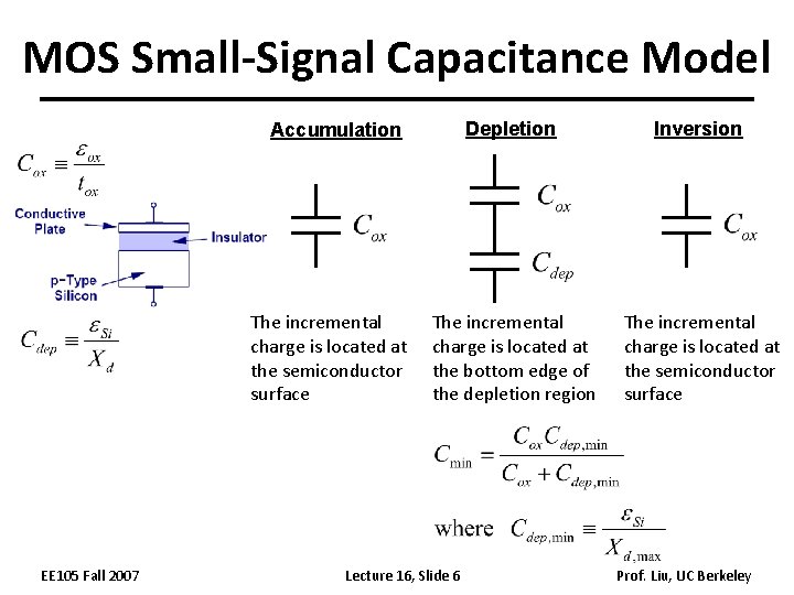 MOS Small-Signal Capacitance Model Depletion Inversion The incremental charge is located at the bottom