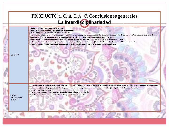 PRODUCTO 1. C. A. I. A. C. Conclusiones generales La Interdisciplinariedad Trabajo colaborativo entre