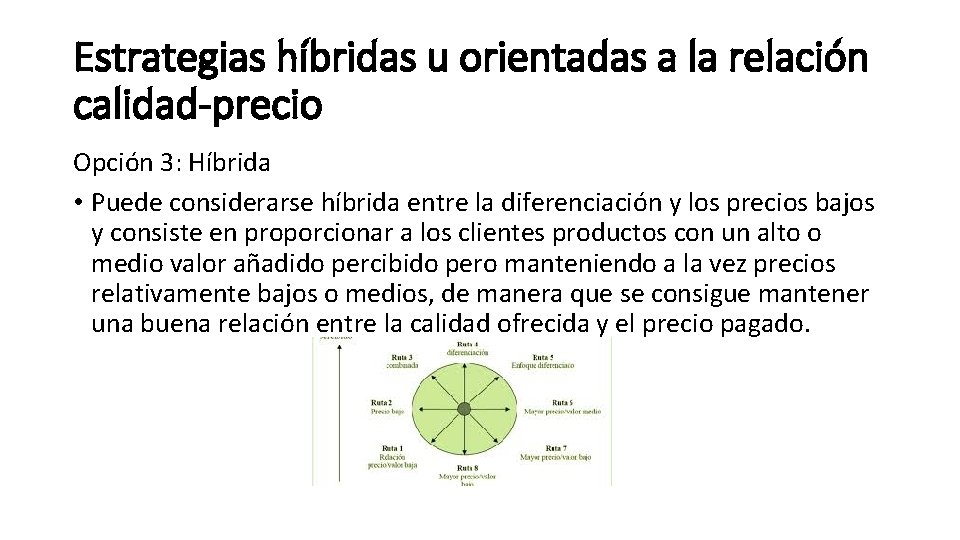 Estrategias híbridas u orientadas a la relación calidad-precio Opción 3: Híbrida • Puede considerarse