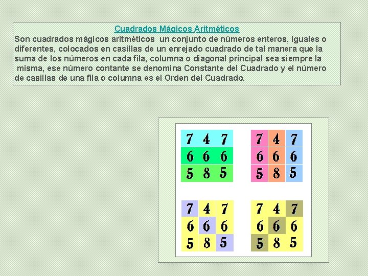 Cuadrados Mágicos Aritméticos Son cuadrados mágicos aritméticos un conjunto de números enteros, iguales o