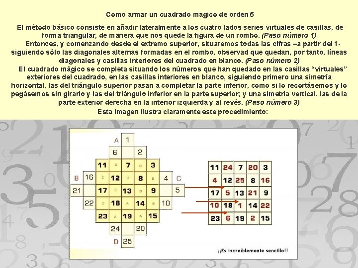  Como armar un cuadrado magico de orden 5 El método básico consiste en