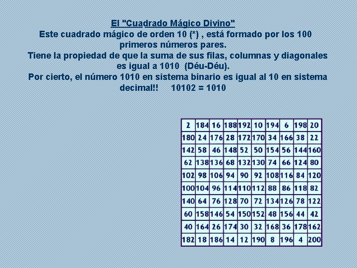 El "Cuadrado Mágico Divino" Este cuadrado mágico de orden 10 (*) , está formado