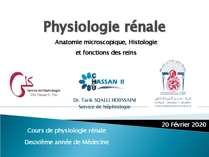 Physiologie rénale Anatomie microscopique, Histologie et fonctions des reins Service de Néphrologie CHU Hassan