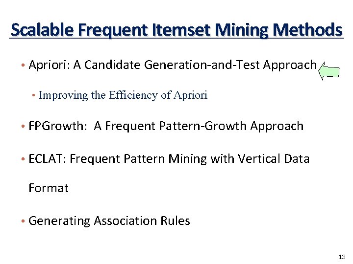 Scalable Frequent Itemset Mining Methods • Apriori: A Candidate Generation-and-Test Approach • Improving the