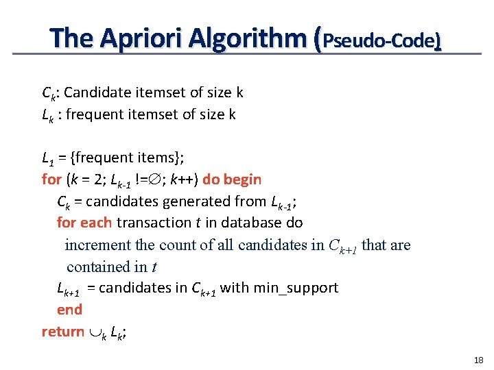 The Apriori Algorithm (Pseudo-Code) Ck: Candidate itemset of size k Lk : frequent itemset