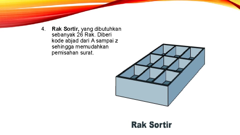 4. Rak Sortir, yang dibutuhkan sebanyak 26 Rak. Diberi kode abjad dari A sampai