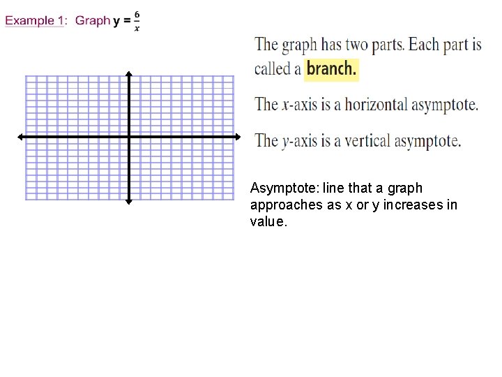 Asymptote: line that a graph approaches as x or y increases in value. Asymptote: line that a graph approaches as x or y increases in value.