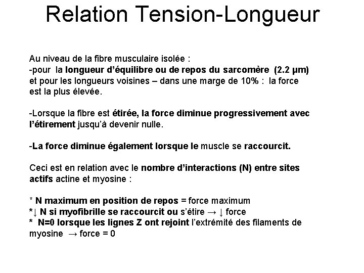 Relation Tension-Longueur Au niveau de la fibre musculaire isolée : -pour la longueur d’équilibre