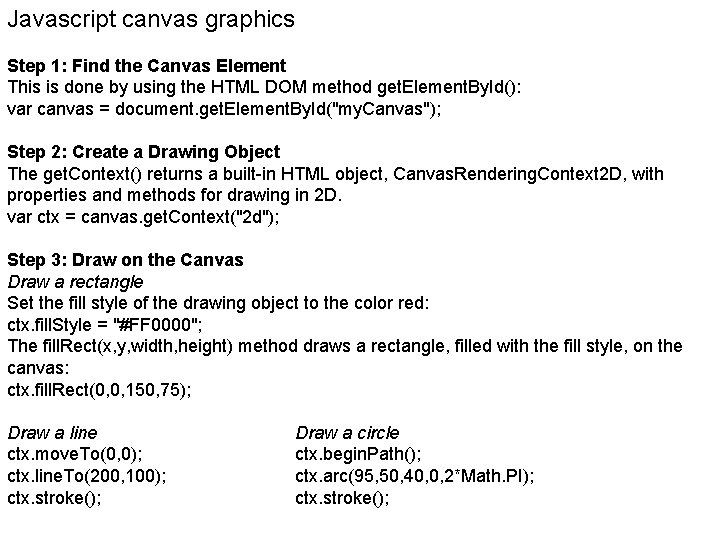 Javascript canvas graphics Step 1: Find the Canvas Element This is done by using