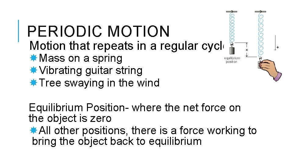 PERIODIC MOTION Motion that repeats in a regular cycle Mass on a spring Vibrating