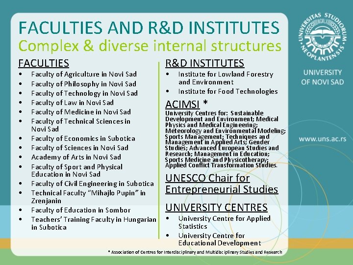 FACULTIES AND R&D INSTITUTES Complex & diverse internal structures FACULTIES • • • •