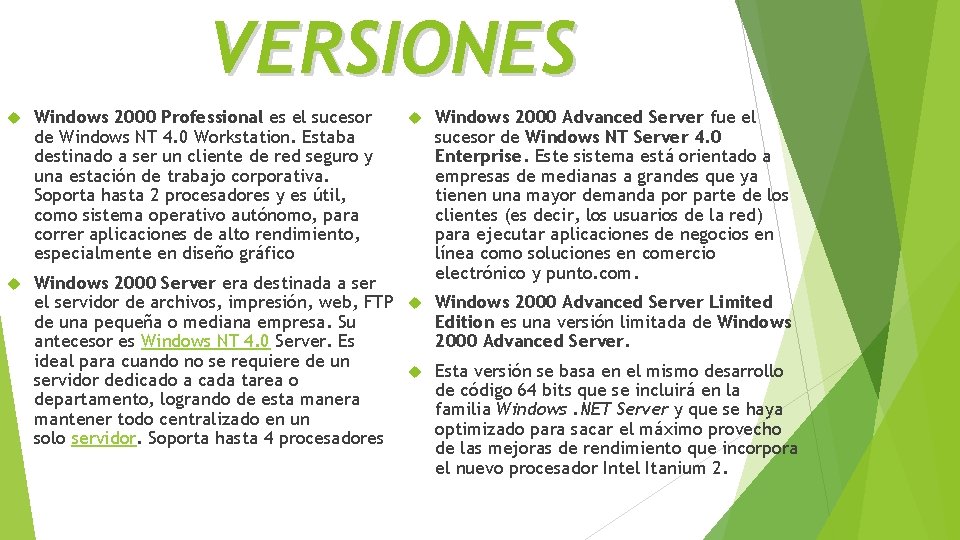 VERSIONES Windows 2000 Professional es el sucesor de Windows NT 4. 0 Workstation. Estaba