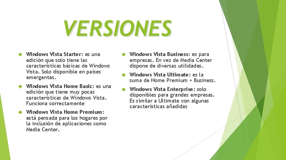 VERSIONES Windows Vista Starter: es una edición que solo tiene las características básicas de