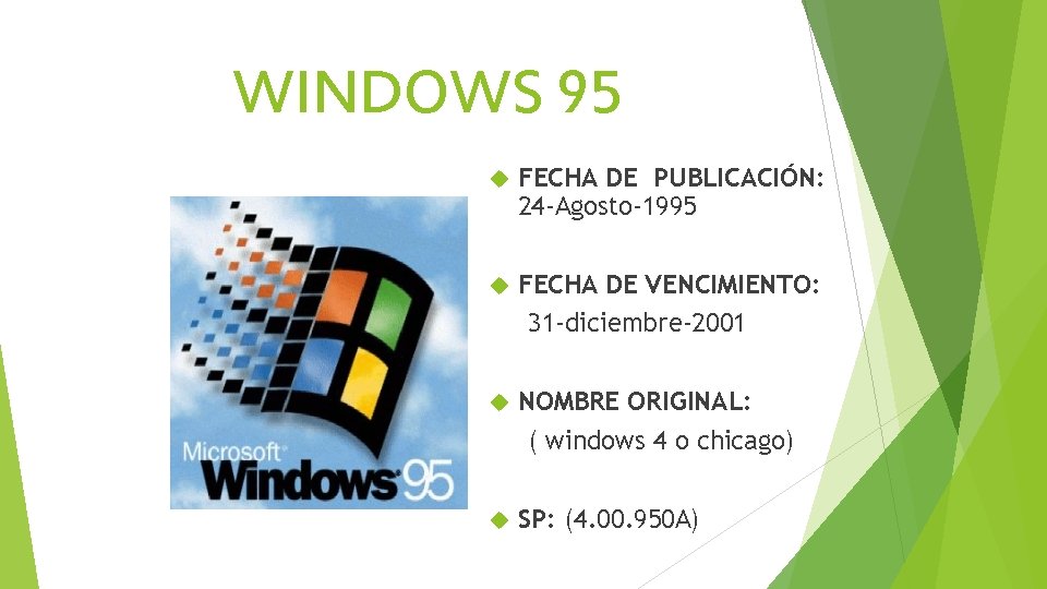 WINDOWS 95 FECHA DE PUBLICACIÓN: 24 -Agosto-1995 FECHA DE VENCIMIENTO: 31 -diciembre-2001 NOMBRE ORIGINAL:
