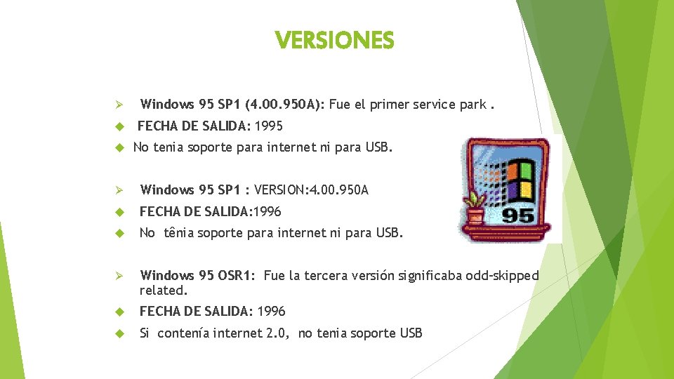VERSIONES Ø Windows 95 SP 1 (4. 00. 950 A): Fue el primer service