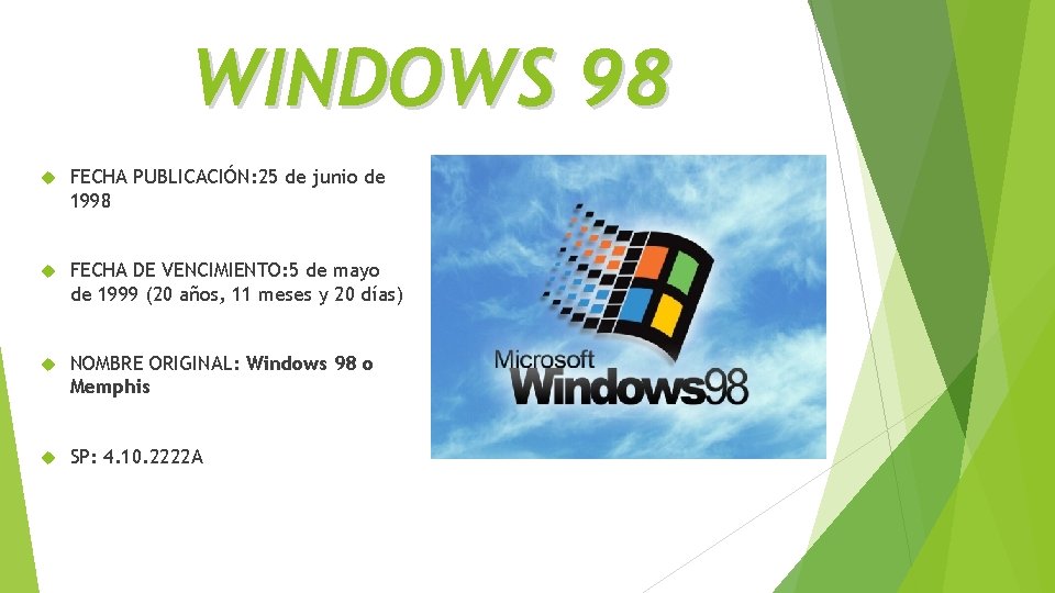 WINDOWS 98 FECHA PUBLICACIÓN: 25 de junio de 1998 FECHA DE VENCIMIENTO: 5 de