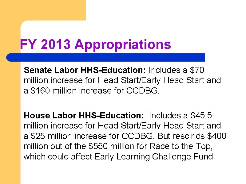FY 2013 Appropriations Senate Labor HHS-Education: Includes a $70 million increase for Head Start/Early