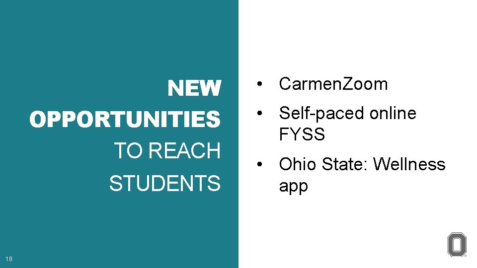 NEW OPPORTUNITIES TO REACH STUDENTS 18 • Carmen. Zoom • Self-paced online FYSS •